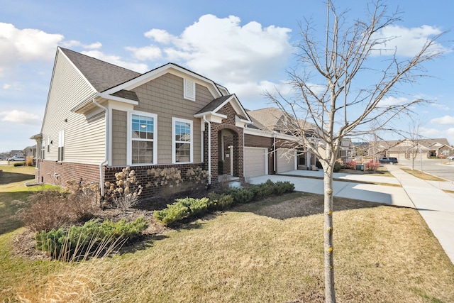 craftsman house with roof with shingles, concrete driveway, brick siding, a garage, and a front yard