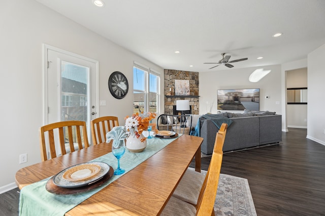 dining area featuring a ceiling fan, dark wood-type flooring, and recessed lighting