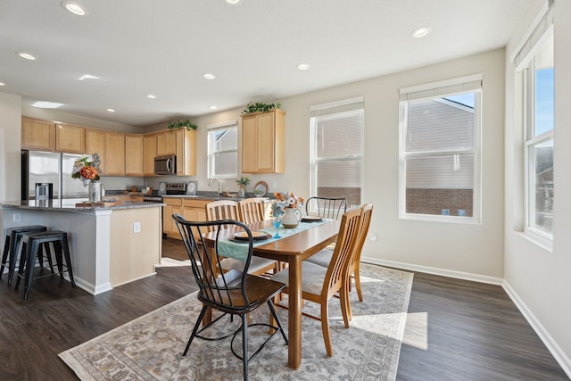 dining room featuring plenty of natural light, baseboards, recessed lighting, and dark wood-style floors