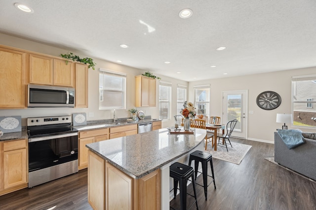 kitchen featuring light brown cabinets, a sink, plenty of natural light, dark wood finished floors, and appliances with stainless steel finishes