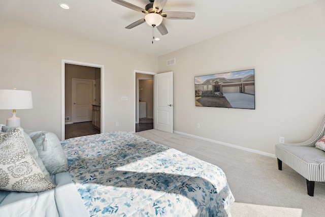 carpeted bedroom featuring recessed lighting, visible vents, washer / dryer, baseboards, and ceiling fan
