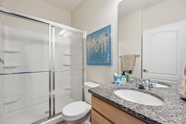 full bathroom featuring vanity, toilet, and a stall shower