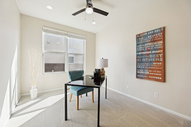 carpeted office with ceiling fan, baseboards, and recessed lighting