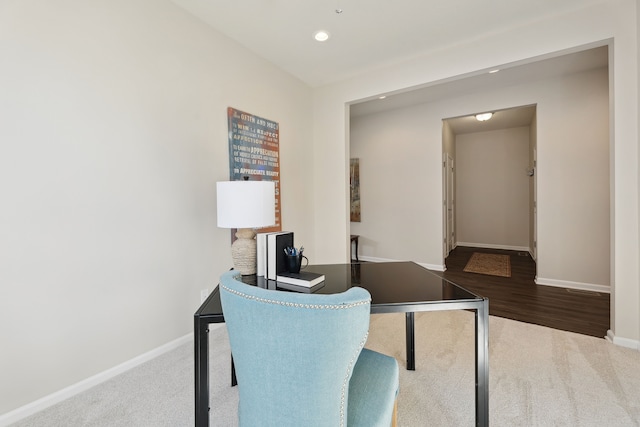office space with recessed lighting, carpet, and baseboards