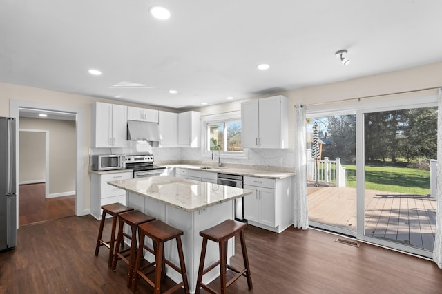 kitchen with stainless steel appliances, a sink, decorative backsplash, a breakfast bar, and under cabinet range hood