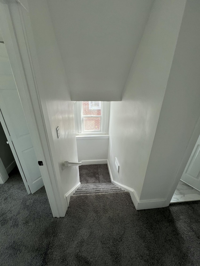 staircase featuring lofted ceiling, baseboards, and carpet flooring