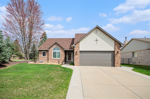 single story home featuring a front yard, brick siding, fence, concrete driveway, and an attached garage