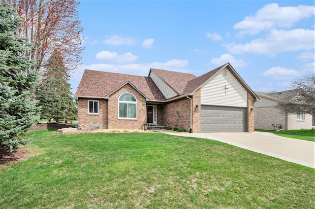 single story home with brick siding, an attached garage, driveway, and roof with shingles