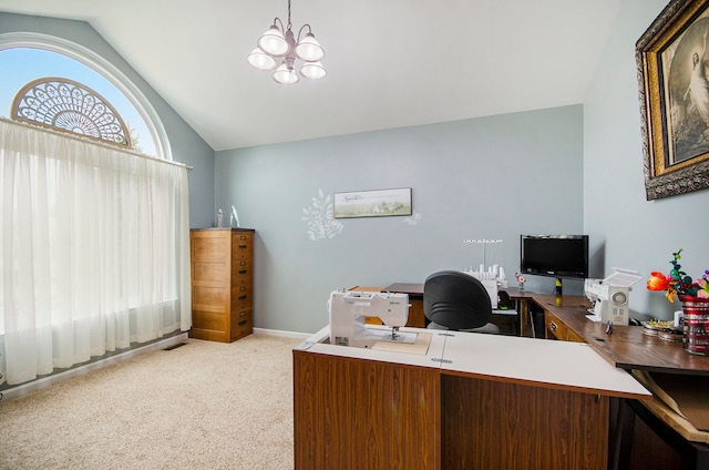 office area featuring baseboards, carpet, a notable chandelier, and vaulted ceiling