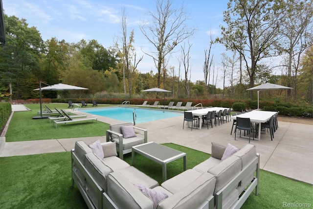 10630 Garr Rd, Berrien Springs, MI 49103 - swimming pool with an outdoor hangout area, a patio area, outdoor dining area, and a yard