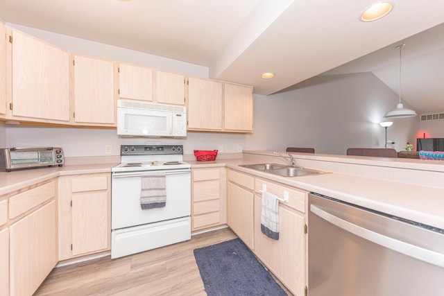 1005 E Duncan St Unit 2D, Manchester, MI 48158 - kitchen with a sink, light brown cabinetry, white appliances, light wood-style flooring, and visible vents