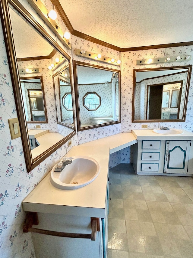 1877 S Almont Ave, Imlay City, MI 48444 - full bathroom with two vanities, a sink, a textured ceiling, wallpapered walls, and ornamental molding