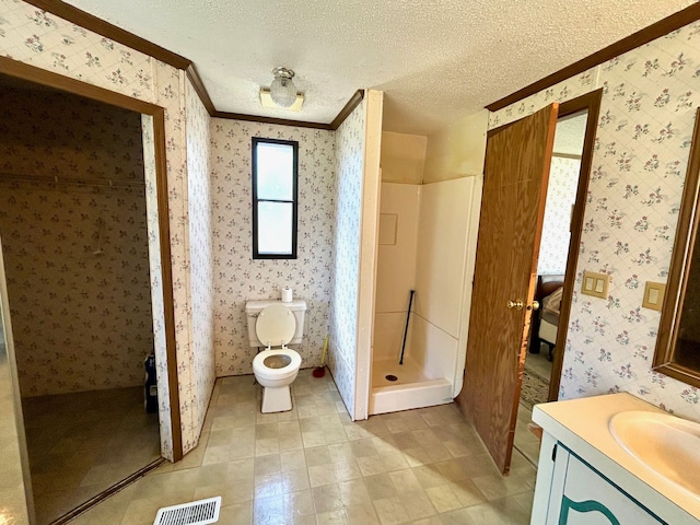 1877 S Almont Ave, Imlay City, MI 48444 - full bath with crown molding, wallpapered walls, a stall shower, toilet, and visible vents