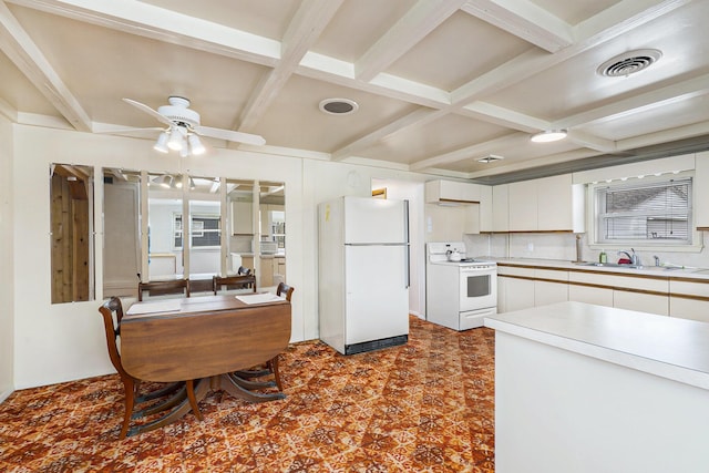 4302 Lake Dr, Beaverton, MI 48612 - kitchen featuring a sink, white appliances, ceiling fan, coffered ceiling, and visible vents