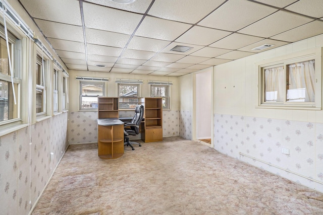 4302 Lake Dr, Beaverton, MI 48612 - carpeted office featuring wallpapered walls, a paneled ceiling, and visible vents