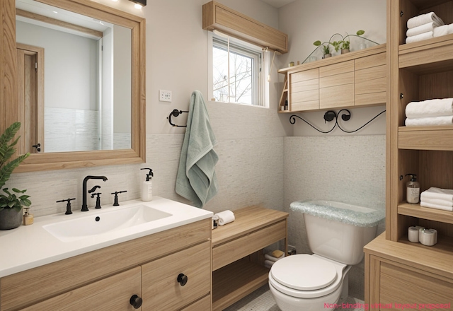 4302 Lake Dr, Beaverton, MI 48612 - bathroom featuring tasteful backsplash, wainscoting, vanity, tile walls, and toilet