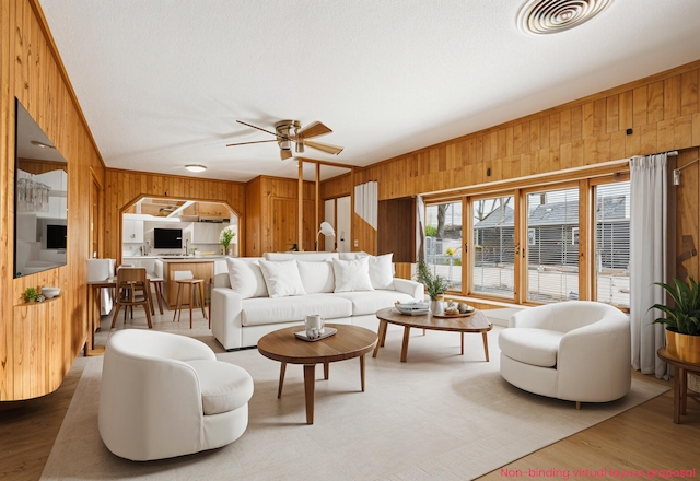4302 Lake Dr, Beaverton, MI 48612 - living area with a ceiling fan, visible vents, wood finished floors, and wooden walls