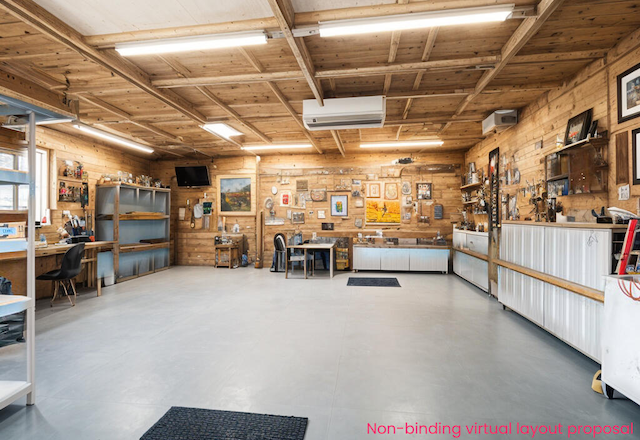 4302 Lake Dr, Beaverton, MI 48612 - miscellaneous room with wooden walls, a wall mounted air conditioner, and a workshop area