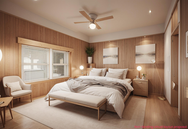 4302 Lake Dr, Beaverton, MI 48612 - bedroom featuring light wood-style flooring, wood walls, and ceiling fan