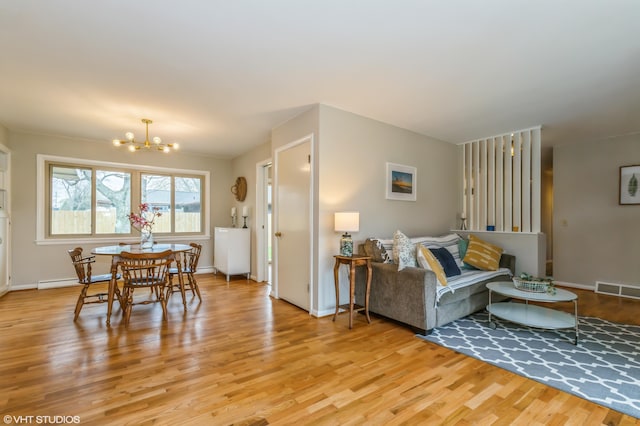3105 Kevin St, Saint Joseph, MI 49085 - living area featuring baseboard heating, a chandelier, light wood-style flooring, baseboards, and visible vents