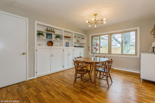 3105 Kevin St, Saint Joseph, MI 49085 - dining room with a baseboard heating unit, light wood-style flooring, and a notable chandelier