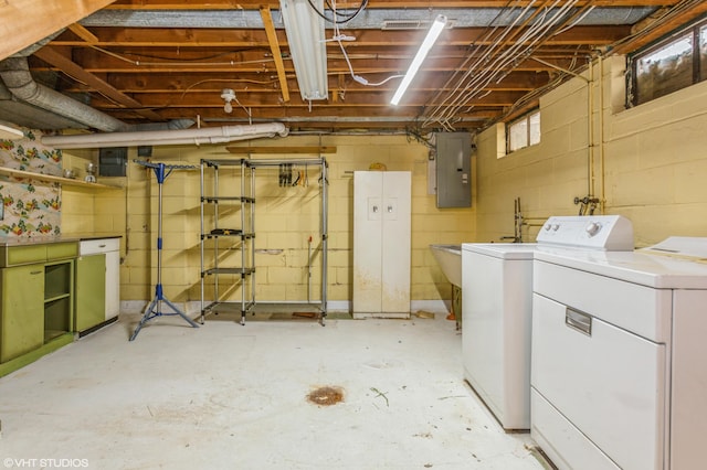 3105 Kevin St, Saint Joseph, MI 49085 - washroom featuring washing machine and dryer, electric panel, laundry area, and concrete block wall