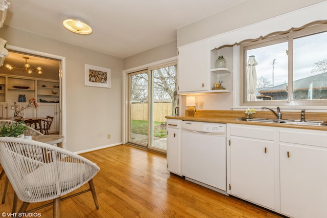 3105 Kevin St, Saint Joseph, MI 49085 - kitchen featuring a sink, light wood-style floors, white cabinetry, open shelves, and dishwasher