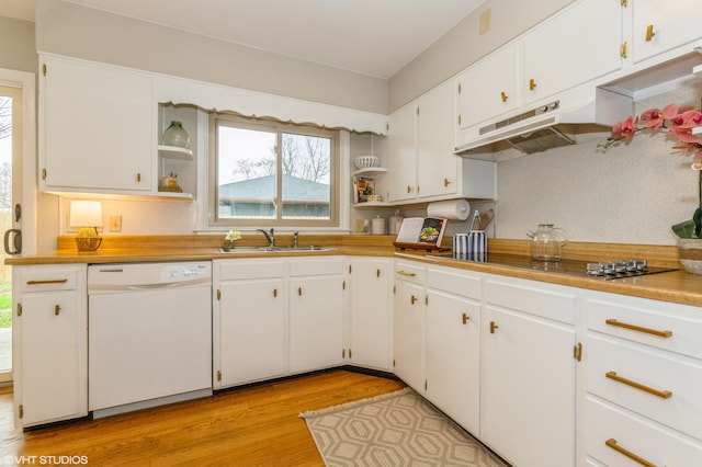 3105 Kevin St, Saint Joseph, MI 49085 - kitchen featuring open shelves, dishwasher, under cabinet range hood, and a sink