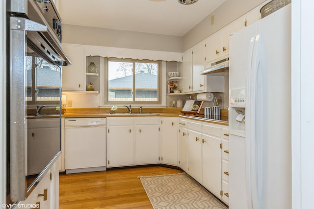 3105 Kevin St, Saint Joseph, MI 49085 - kitchen with white cabinets, open shelves, a sink, white appliances, and light wood-style floors