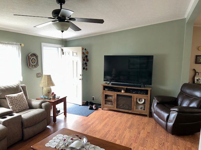 326 Basket Br, Oxford, MI 48371 - living area with ceiling fan, ornamental molding, wood finished floors, and a textured ceiling