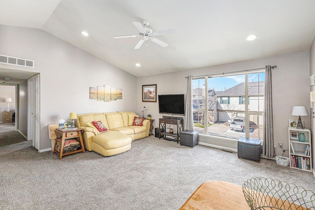 carpeted living area with recessed lighting, lofted ceiling, visible vents, and a ceiling fan
