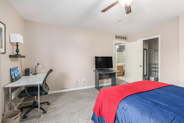 bedroom featuring ceiling fan, baseboards, visible vents, and carpet