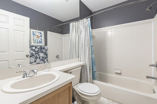 full bathroom with vanity, toilet, shower / bath combo, and tile patterned floors