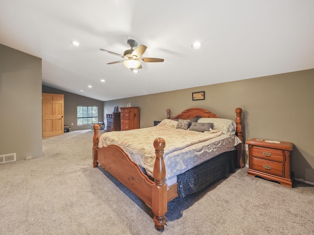 carpeted bedroom featuring recessed lighting, vaulted ceiling, visible vents, and ceiling fan