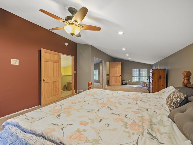 bedroom featuring recessed lighting, ceiling fan, lofted ceiling, and carpet