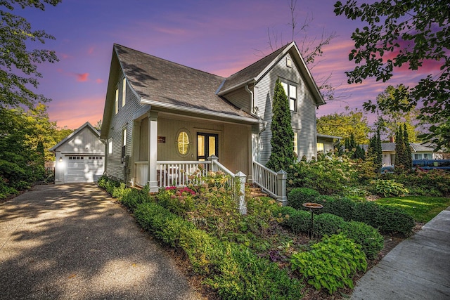 638 Allegan St, Saugatuck, MI 49453 - view of front of home featuring an outbuilding, asphalt driveway, a shingled roof, a porch, and a detached garage