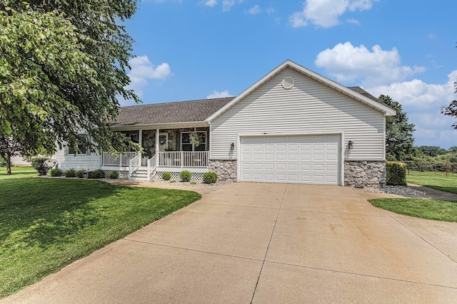 ranch-style home with a garage, a front lawn, stone siding, a porch, and driveway