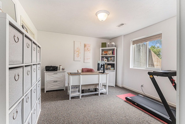 workout area featuring baseboards, visible vents, and carpet