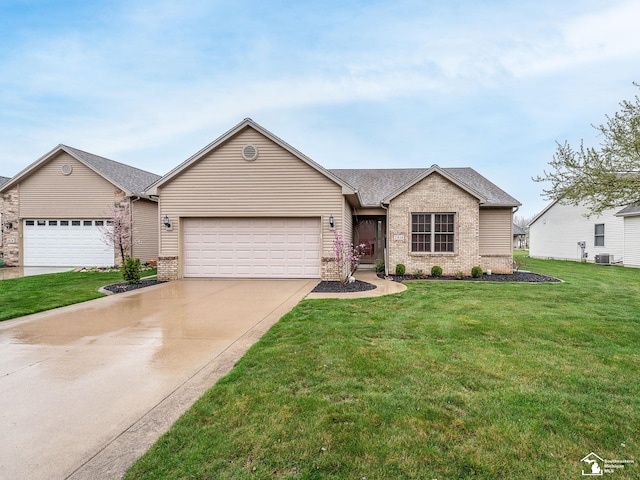 ranch-style house featuring a shingled roof, a front lawn, driveway, brick siding, and a garage