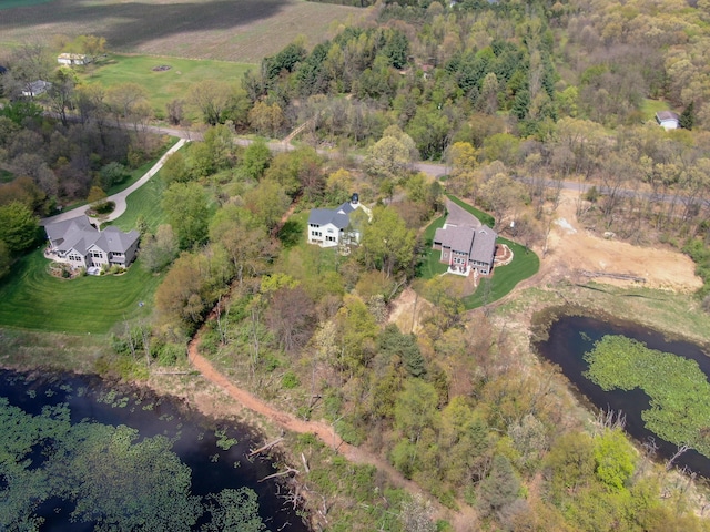 bird's eye view with a water view