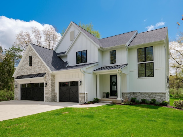 modern farmhouse style home with stone siding, concrete driveway, roof with shingles, and a standing seam roof