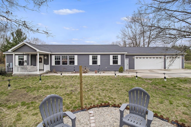 single story home featuring roof with shingles, driveway, covered porch, an attached garage, and a front yard