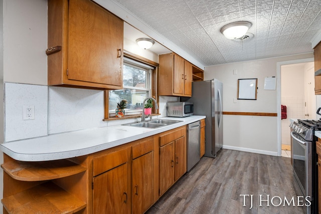 kitchen with open shelves, light countertops, dark wood-type flooring, and appliances with stainless steel finishes