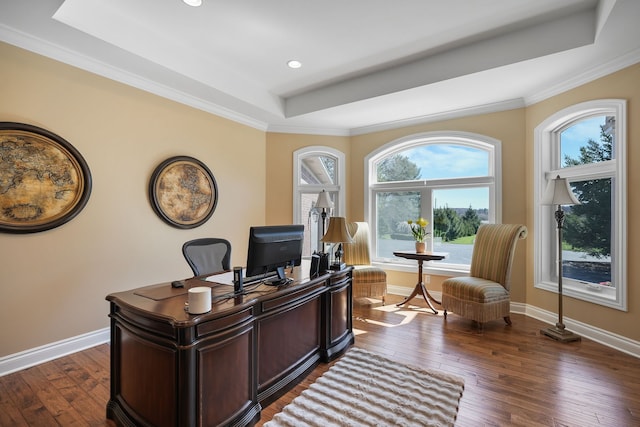 70799 Fisher Rd, Bruce, MI 48065 - office space with recessed lighting, a tray ceiling, baseboards, ornamental molding, and dark wood finished floors