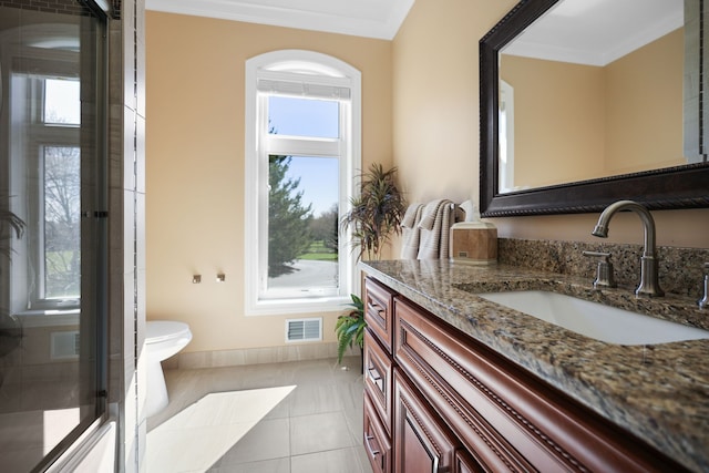 70799 Fisher Rd, Bruce, MI 48065 - bathroom featuring visible vents, vanity, crown molding, and baseboards