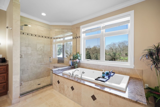 70799 Fisher Rd, Bruce, MI 48065 - full bathroom with a garden tub, crown molding, tile patterned flooring, and a stall shower