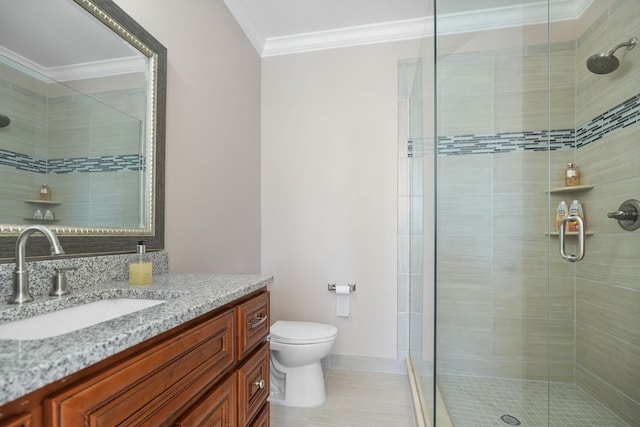 70799 Fisher Rd, Bruce, MI 48065 - full bathroom featuring ornamental molding, a stall shower, toilet, and vanity