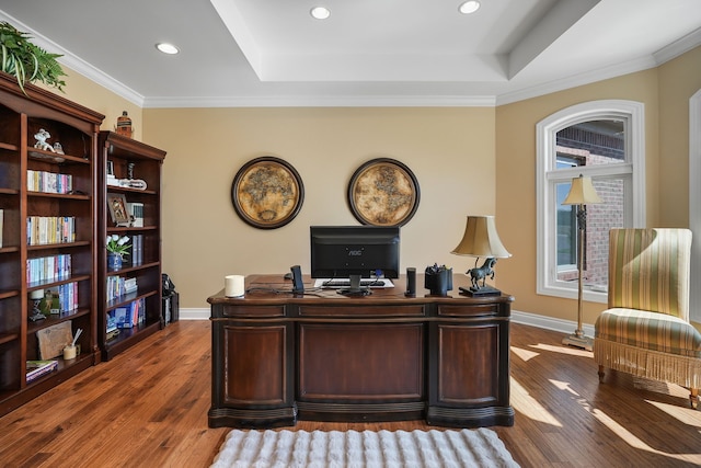 70799 Fisher Rd, Bruce, MI 48065 - office area featuring baseboards, wood finished floors, and a tray ceiling