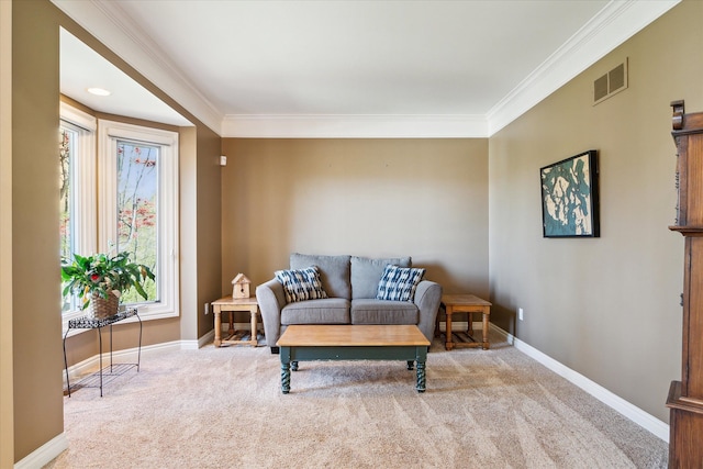 8504 Riverwalk Dr, Fenton, MI 48430 - carpeted living area featuring ornamental molding and baseboards