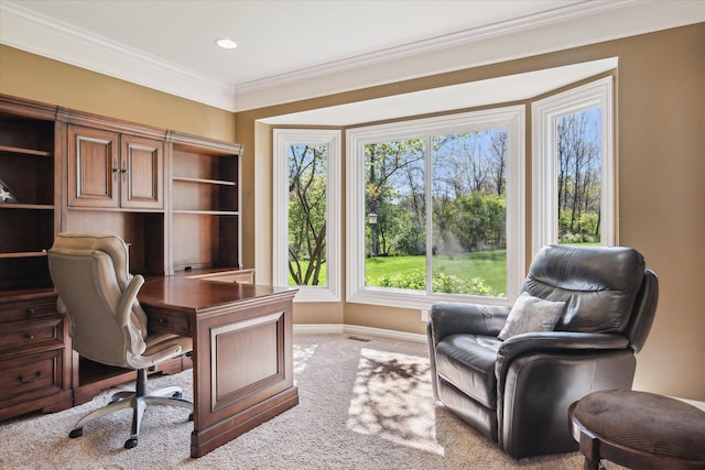 8504 Riverwalk Dr, Fenton, MI 48430 - office with crown molding, baseboards, light carpet, and recessed lighting